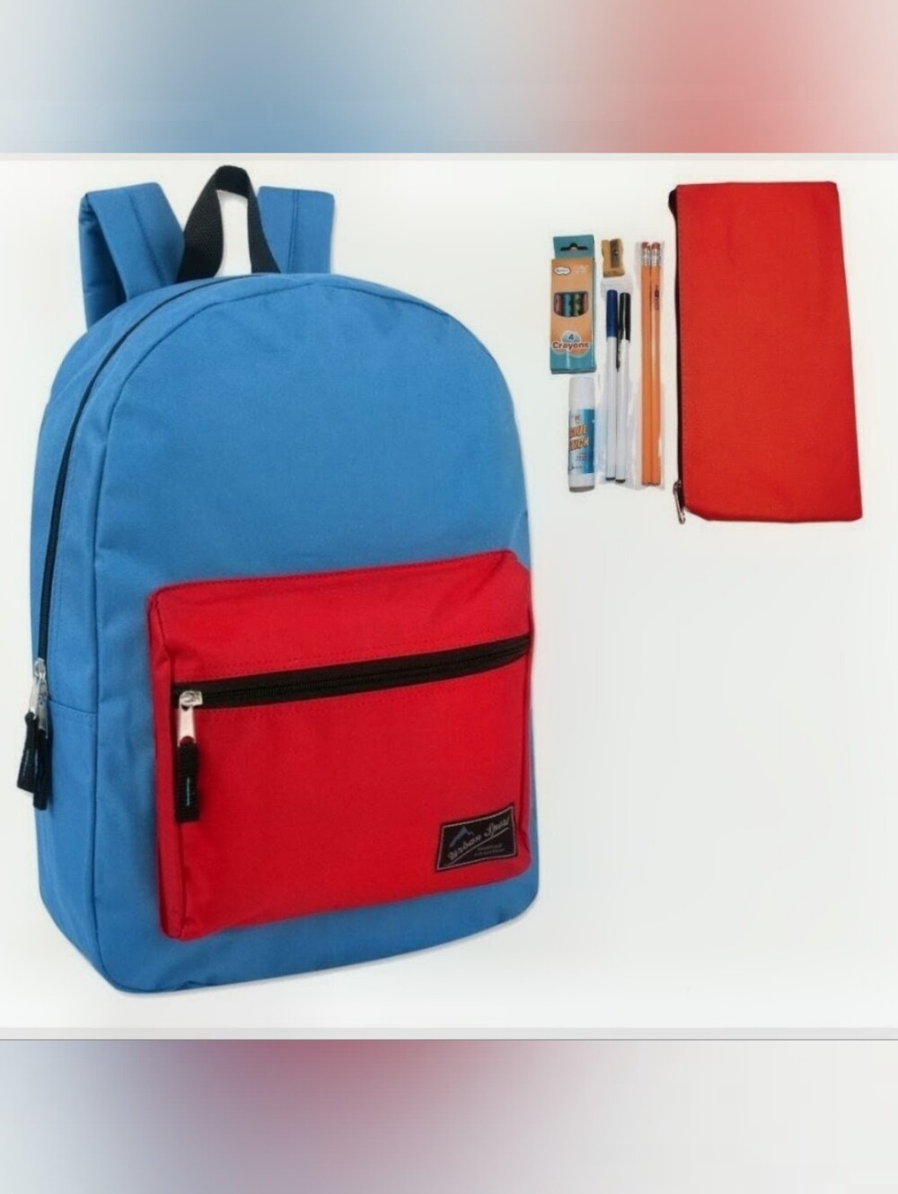 Kids Two-Tone Blue and Red Casual Backpack with Front Pocket & FREE Pencil Case
